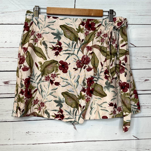 Linen Blend Floral Print Wrap Side Tie Mini Skirt Size Large - Picture 1 of 9